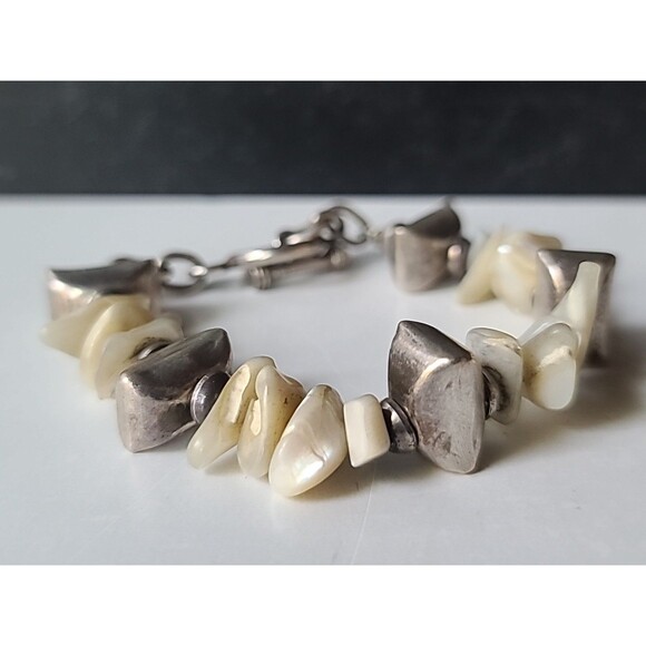 925 Sterling Silver & MOP Beaded Bracelet Vintage Toggle Closure - Picture 4 of 10